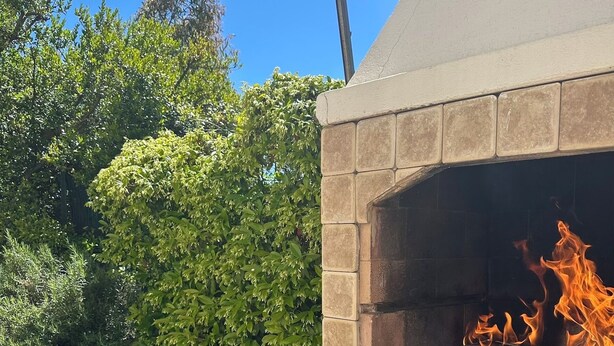 Chimenea de piedra al aire libre con fuego encendido, rodeada de follaje.