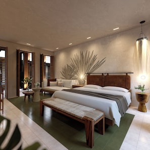 A modern bedroom with a large bed, a bench, a sofa, and a wall art piece. - Del Alma Merida (Mérida)