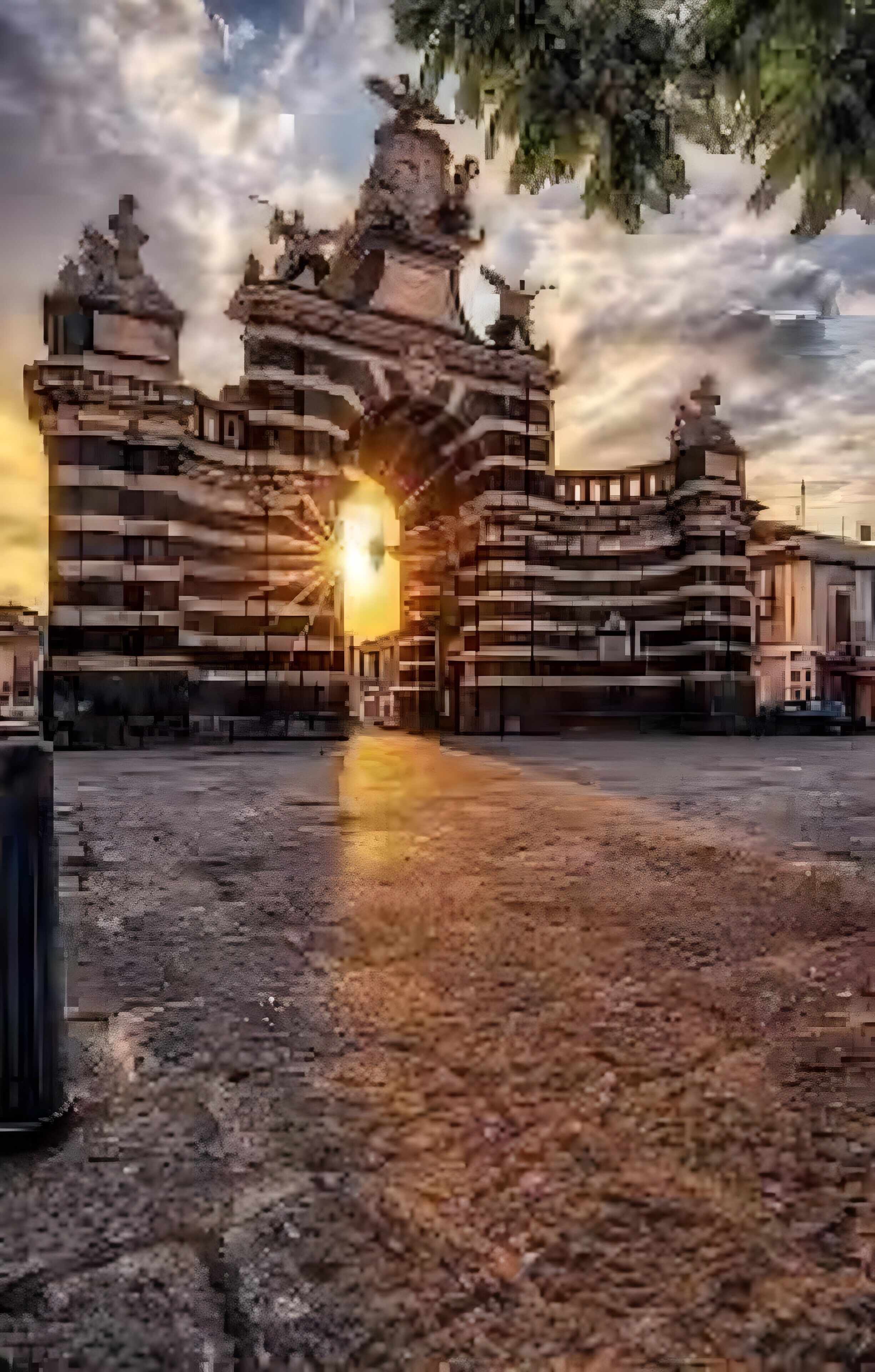 A large, historic building with a central archway and multiple towers.