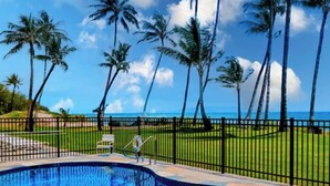 A swimming pool with a clear view of the ocean and palm trees in the background. - New Full Remodel 2nd Floor Oceanfront Condo (Kihei)