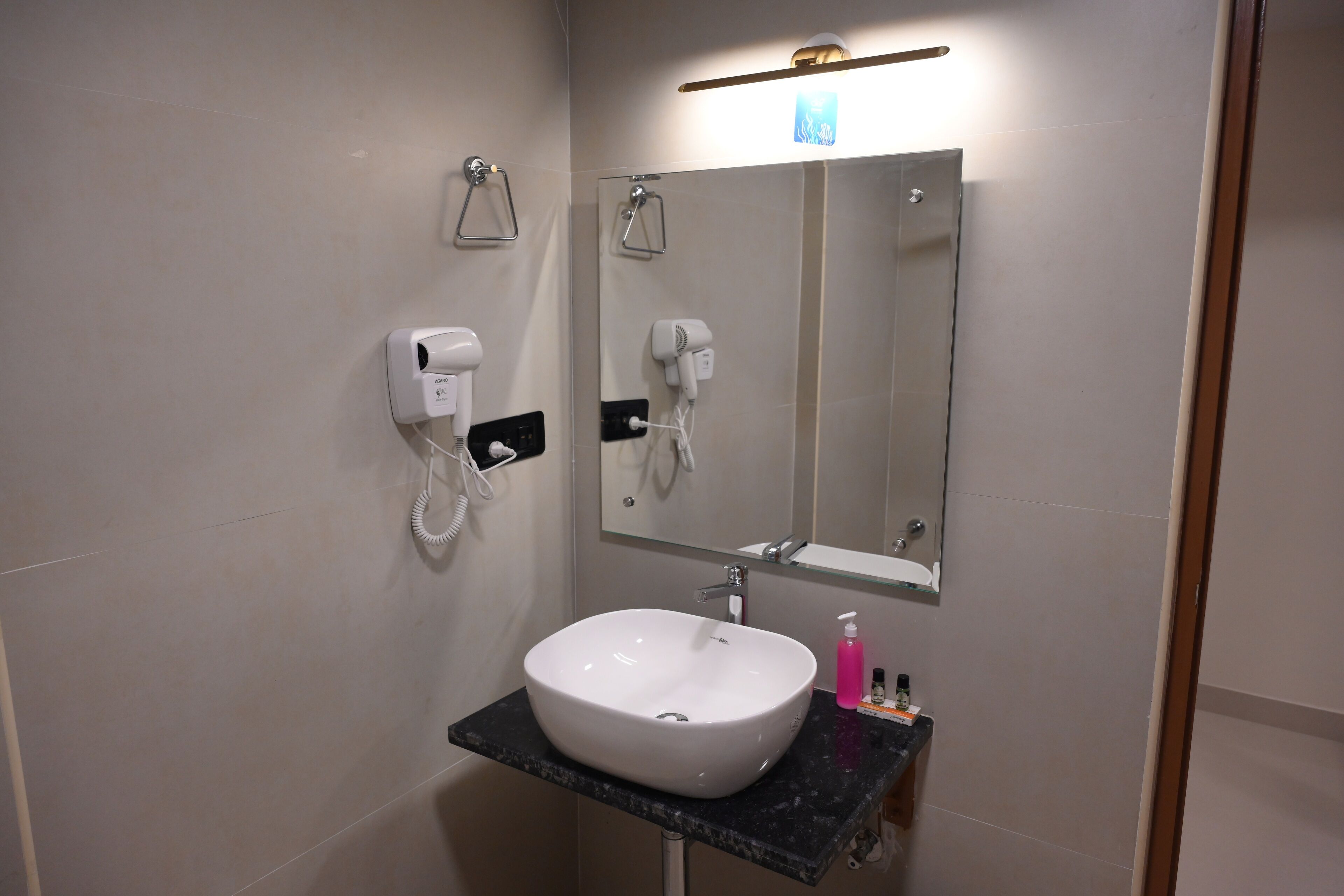 A bathroom with a white sink, a mirror, a towel rack, and a hairdryer.