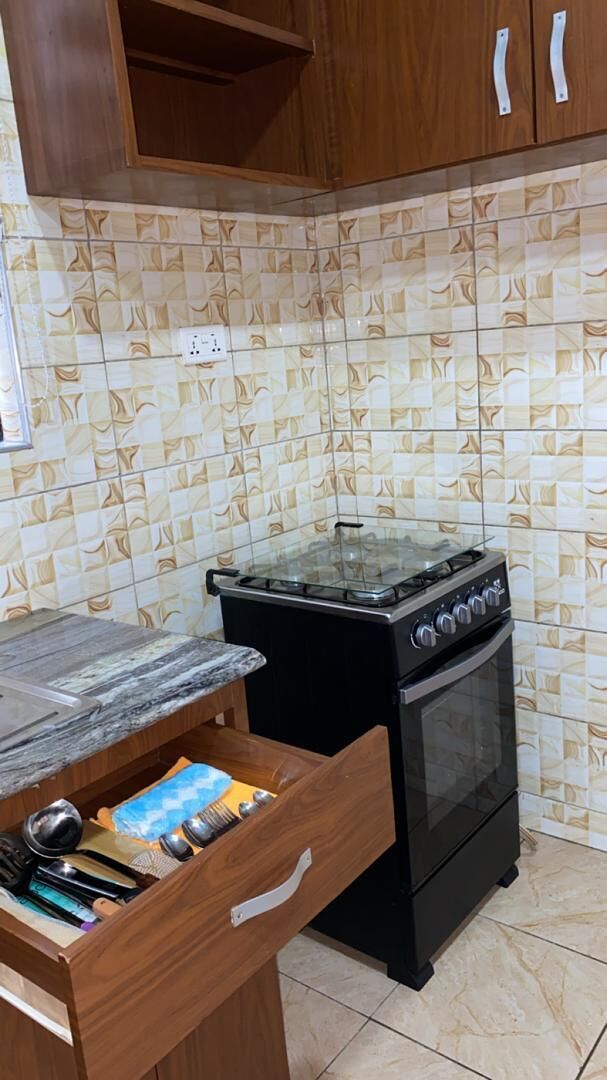 A kitchen with a gas stove, oven, and a drawer with utensils.
