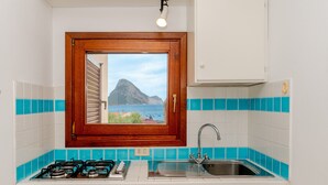 Eine Küche mit Gasherd, Spüle und einem Fenster mit Blick auf Berg und Meer.