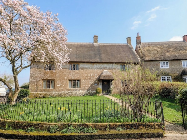 A traditional stone house with a thatched roof, a small front garden, and a metal fence. - Manor Cottage (Ilminster)