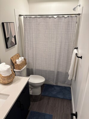 Hair dryer, towels, soap, toilet paper