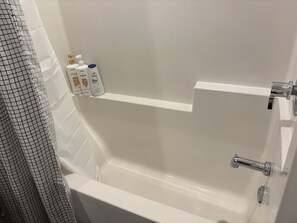 Hair dryer, towels, soap, toilet paper