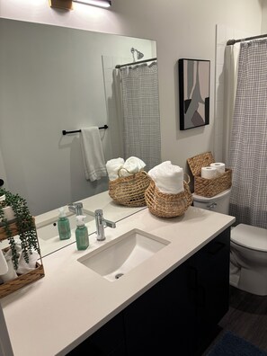 Hair dryer, towels, soap, toilet paper