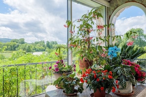 A balcony with potted plants and a view of a green landscape.