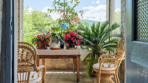 Une véranda avec une table, des chaises et des plantes en pot.