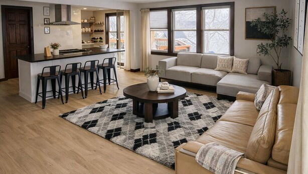 En moderne stue med sofa, sofabord og spiseområde med stole.