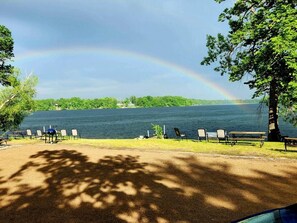 Blick auf einen See mit Picknickbereich, Bänken und einem Baum.