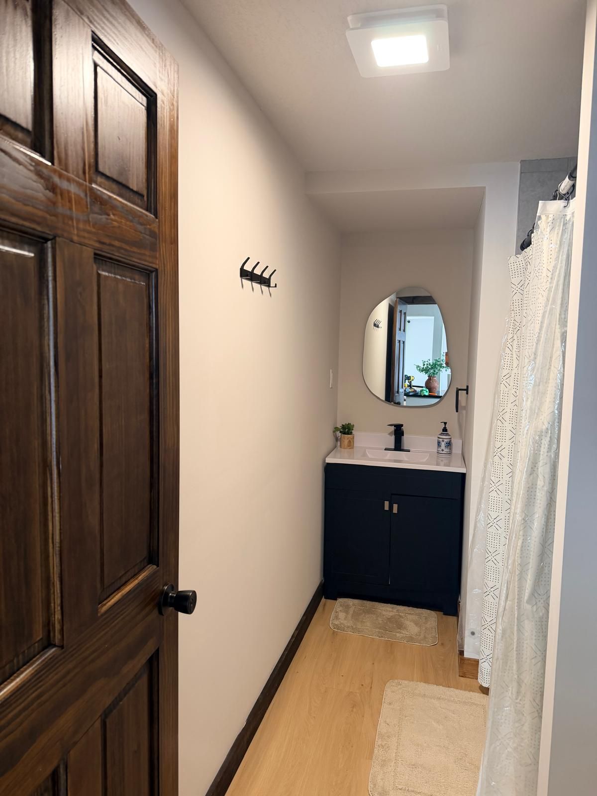 A narrow hallway with a wooden door, a mirror, a sink, and a shower curtain.