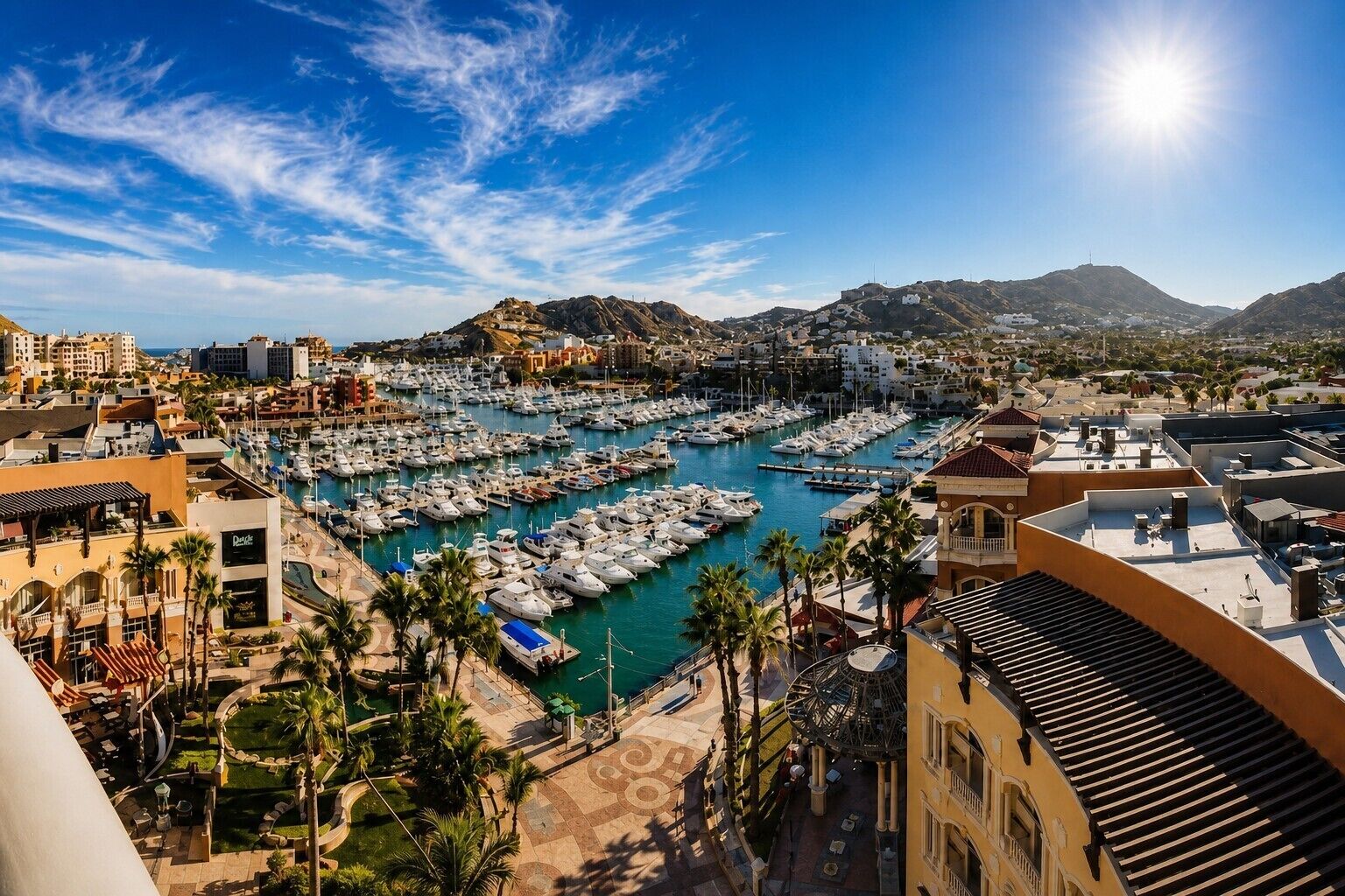 A marina with numerous boats docked, surrounded by buildings and palm trees.