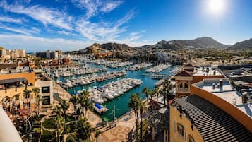A marina with numerous boats docked, surrounded by buildings and palm trees.