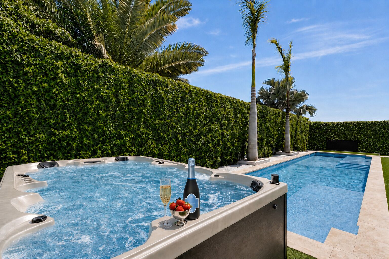 Une piscine avec un jacuzzi et une coupe de champagne.