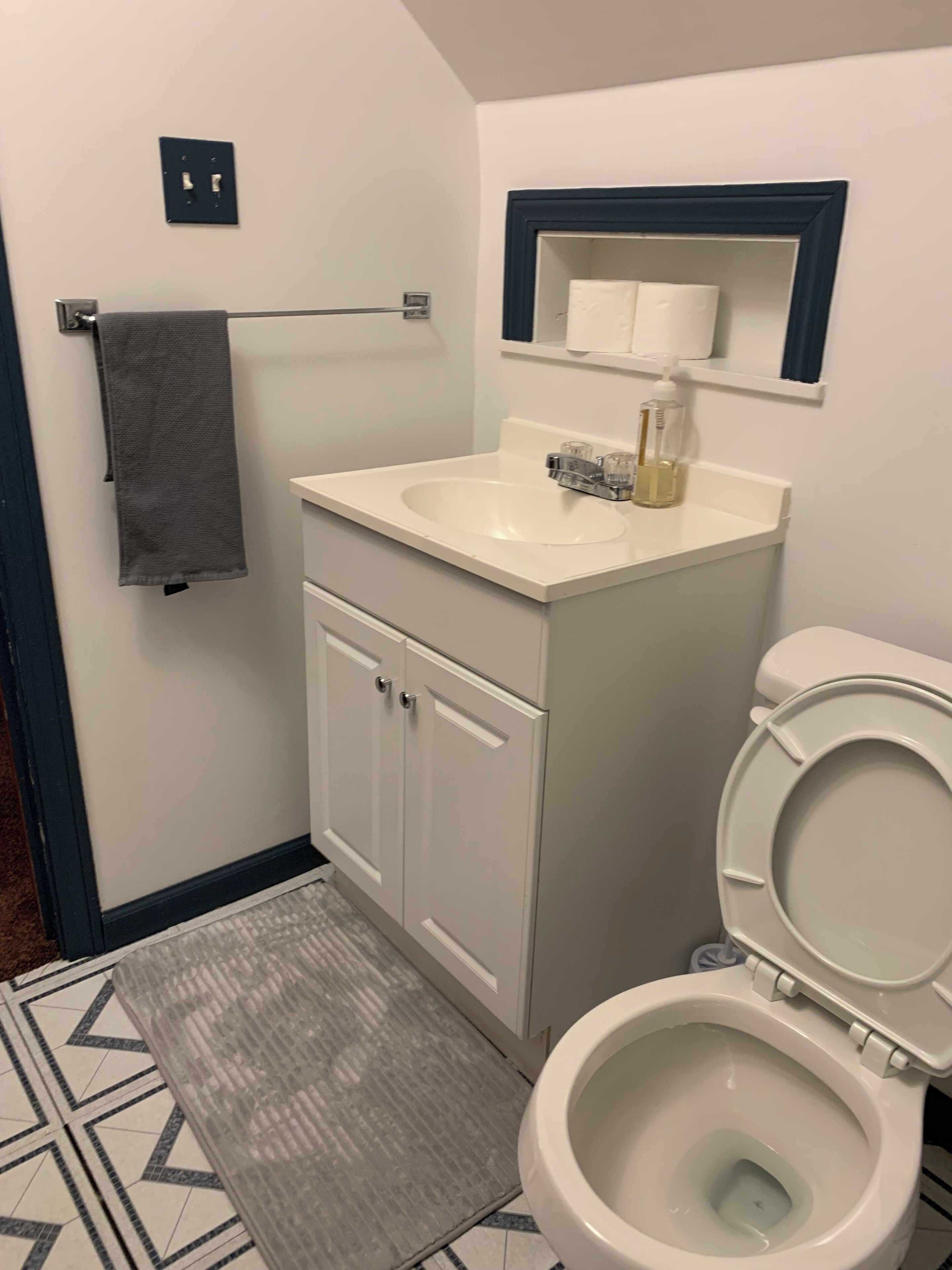 Une salle de bain avec des toilettes, un lavabo et des placards.