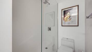 Douche, séchoir à cheveux, shampooing