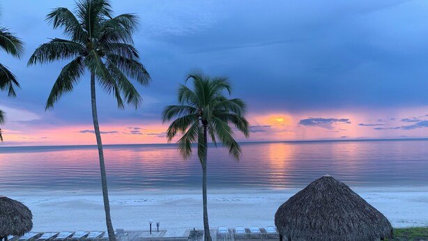 A beach view with palm trees, a wooden deck, and thatched-roof structures. - IT'S A SHORE THING - 
ON THE BEACH - SPECTACULAR SUNSETS
NEWLY RENOVATED (Fort Myers Beach)