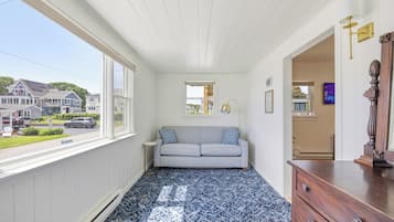 A room with a patterned carpet, a sofa, a dresser, and a window with a view of houses.