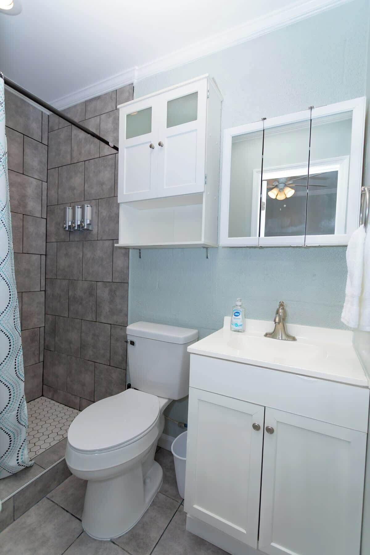 Shower, towels, soap, toilet paper