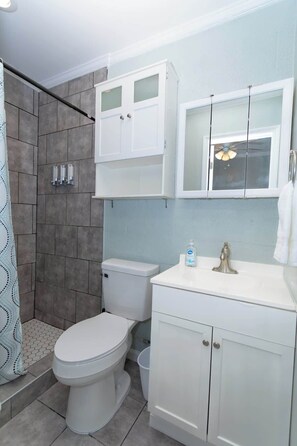 Shower, towels, soap, toilet paper