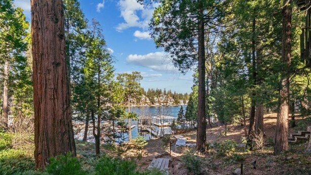 A forested area with a dock extending into a body of water, surrounded by tall trees and a clear sky. - Serene 6-bedroom lake front house in beautiful Lake Arrowhead (Lake Arrowhead)