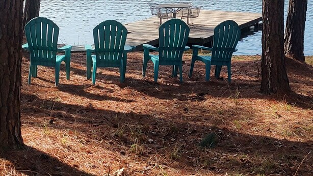 A lakeside seating area with four green chairs and a table, surrounded by trees and overlooking a calm lake.