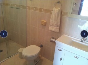 A bathroom with a toilet, a glass shower enclosure, a sink, and a towel hanging on the wall.