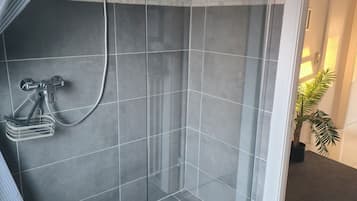 Shower, hair dryer, soap, toilet paper