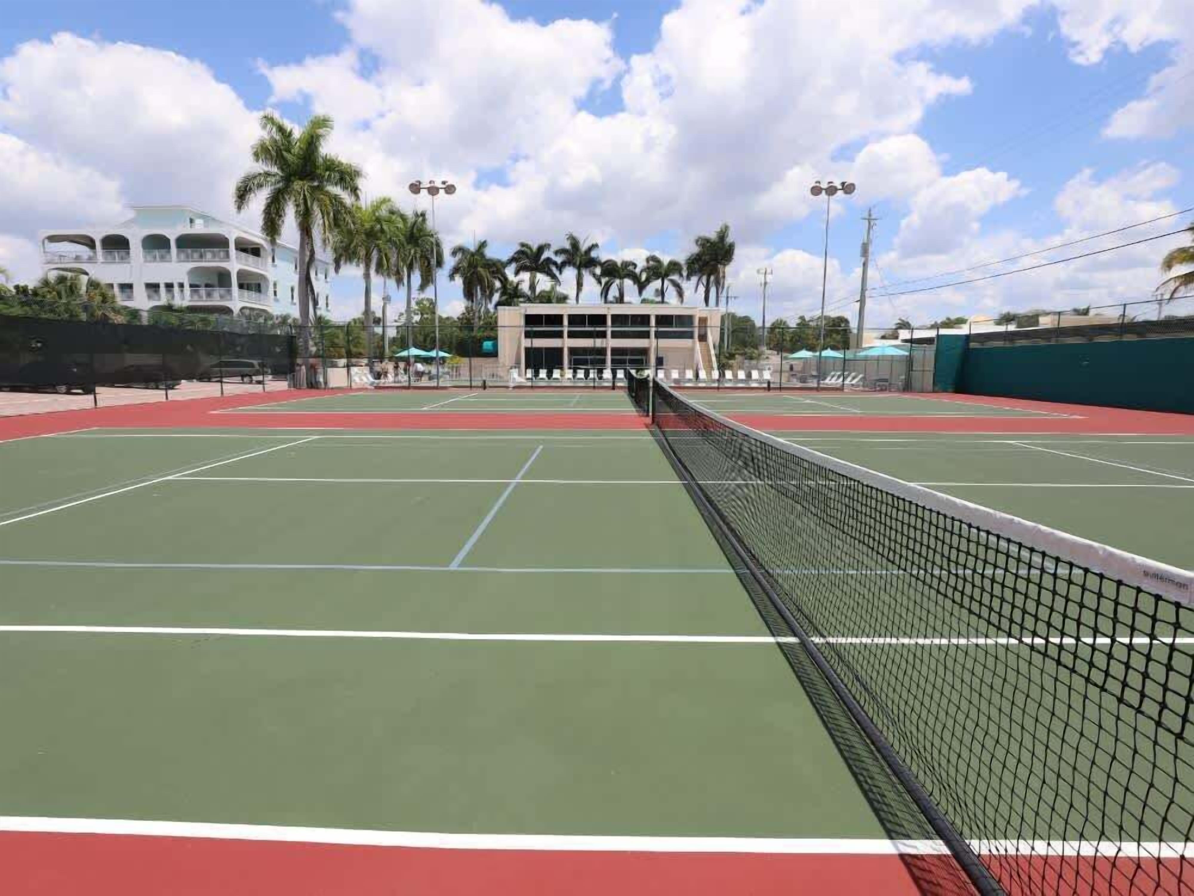 A tennis court with a net in the foreground, surrounded by a fence and palm trees.