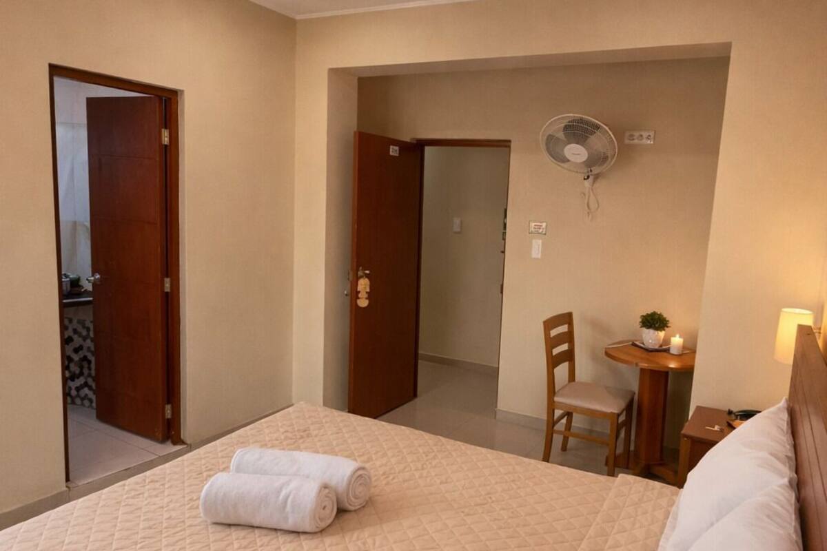 A hotel room with a bed, a desk, a chair, a fan, and a small table with a plant.