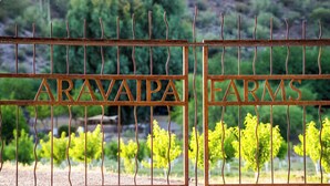 A metal gate with the words "ARAVAIPA FARMS" engraved on it. - Aravaipa Treehouse | Farm Stay AZ (Dudleyville)