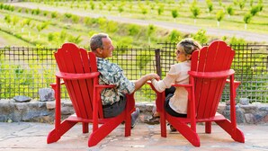 Dos personas sentadas en sillones Adirondack rojos mirando un viñedo.