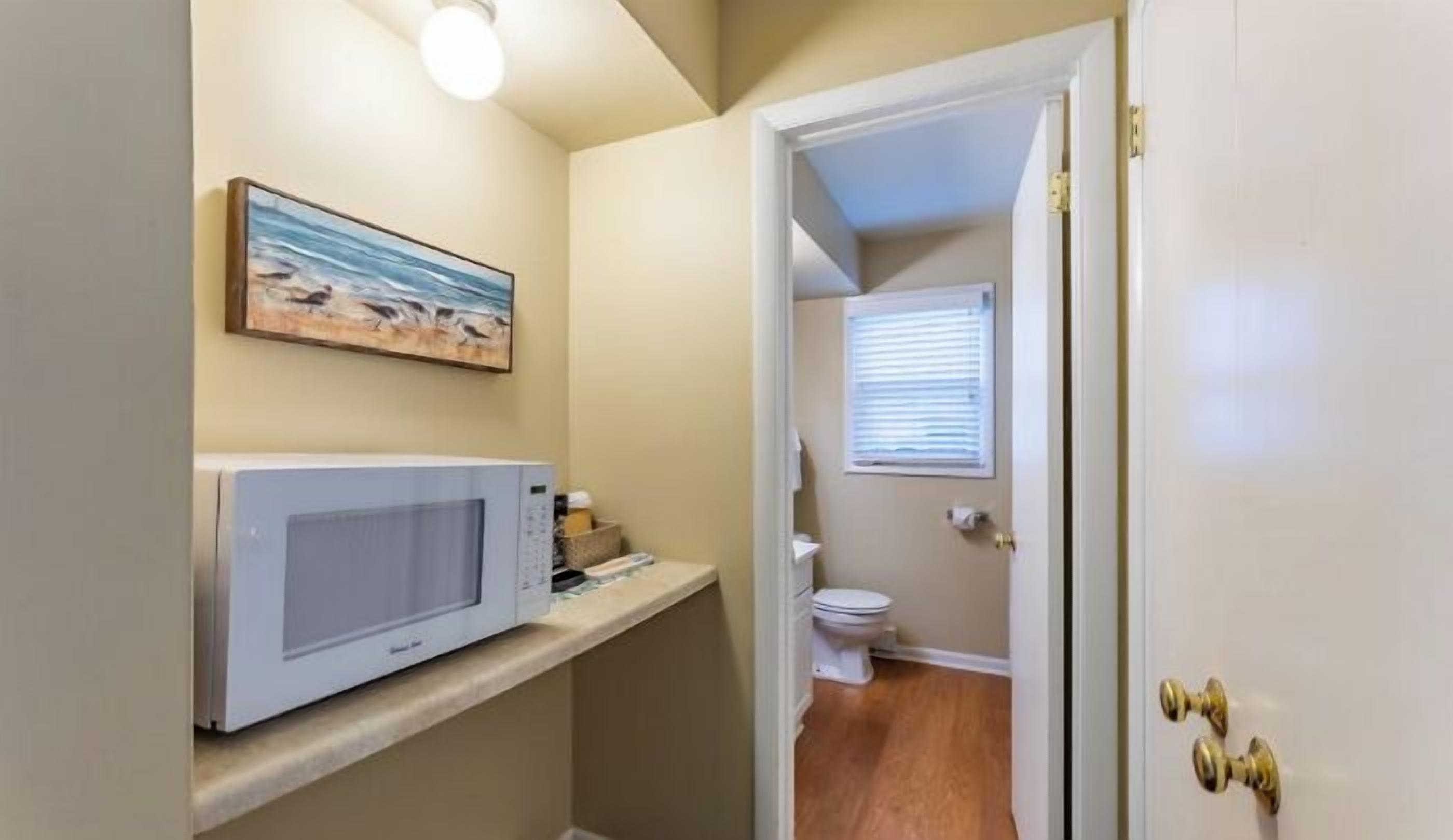 A small bathroom with a white toilet, a white sink, a microwave on a shelf, and a painting of birds on the wall.