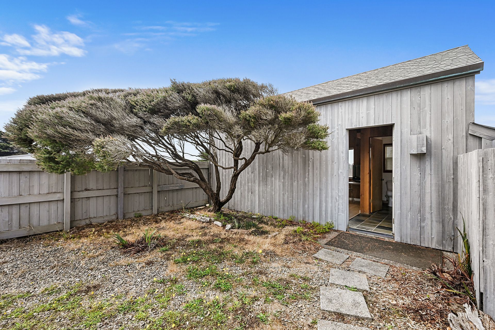 A wooden building with a door, a tree in front, and a gravel path.