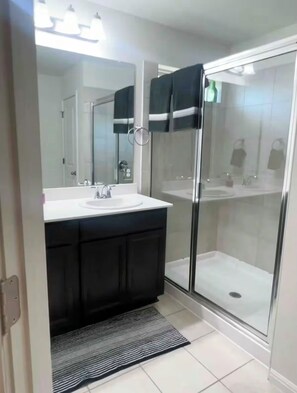 Hair dryer, towels, soap, toilet paper