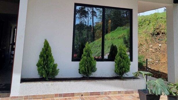 Una casa moderna con un'ampia finestra, un patio piastrellato e alcuni vasi con piante.