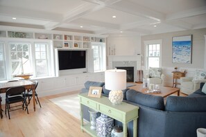 TV, fireplace - The Vineyard Watch: Oceanfront Four-Bedroom Home in East Falmouth. (East Falmouth)