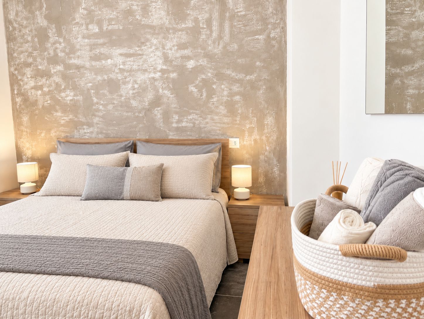 A bedroom with a bed, bedside tables, lamps, and a decorative basket.