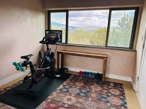 A home gym with an exercise bike, dumbbells, and a patterned rug. - Santa Fe Santuario- Perfect Views, Kiva Fireplace (Santa Fe)