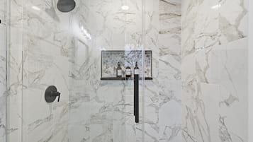 Shower, eco-friendly toiletries, hair dryer, towels
