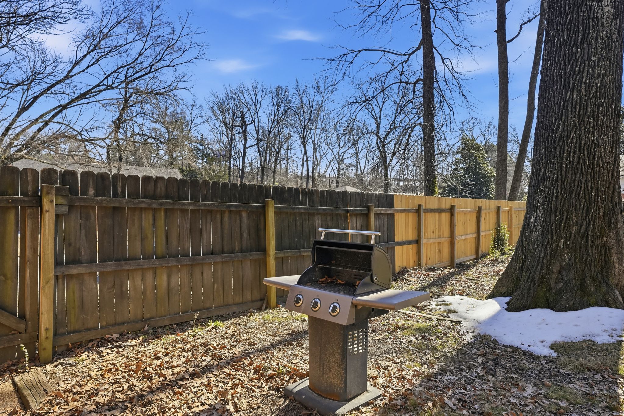 Un barbecue dans un jardin, avec une clôture en bois et des arbres.