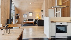 A modern kitchen with a stove, a dining area with a table and chairs, and a living room with a sofa and a fireplace. - Holiday home with spa and sauna, close to nature (Knebel)