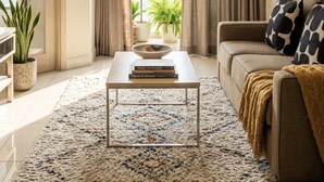 Ein Wohnzimmer mit einer Couch, einem Couchtisch und Blick durch große Fenster.
