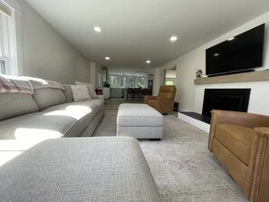 TV, fireplace - Modern Farmhouse + Cozy Barn Retreat Near Stadium (Foxborough)