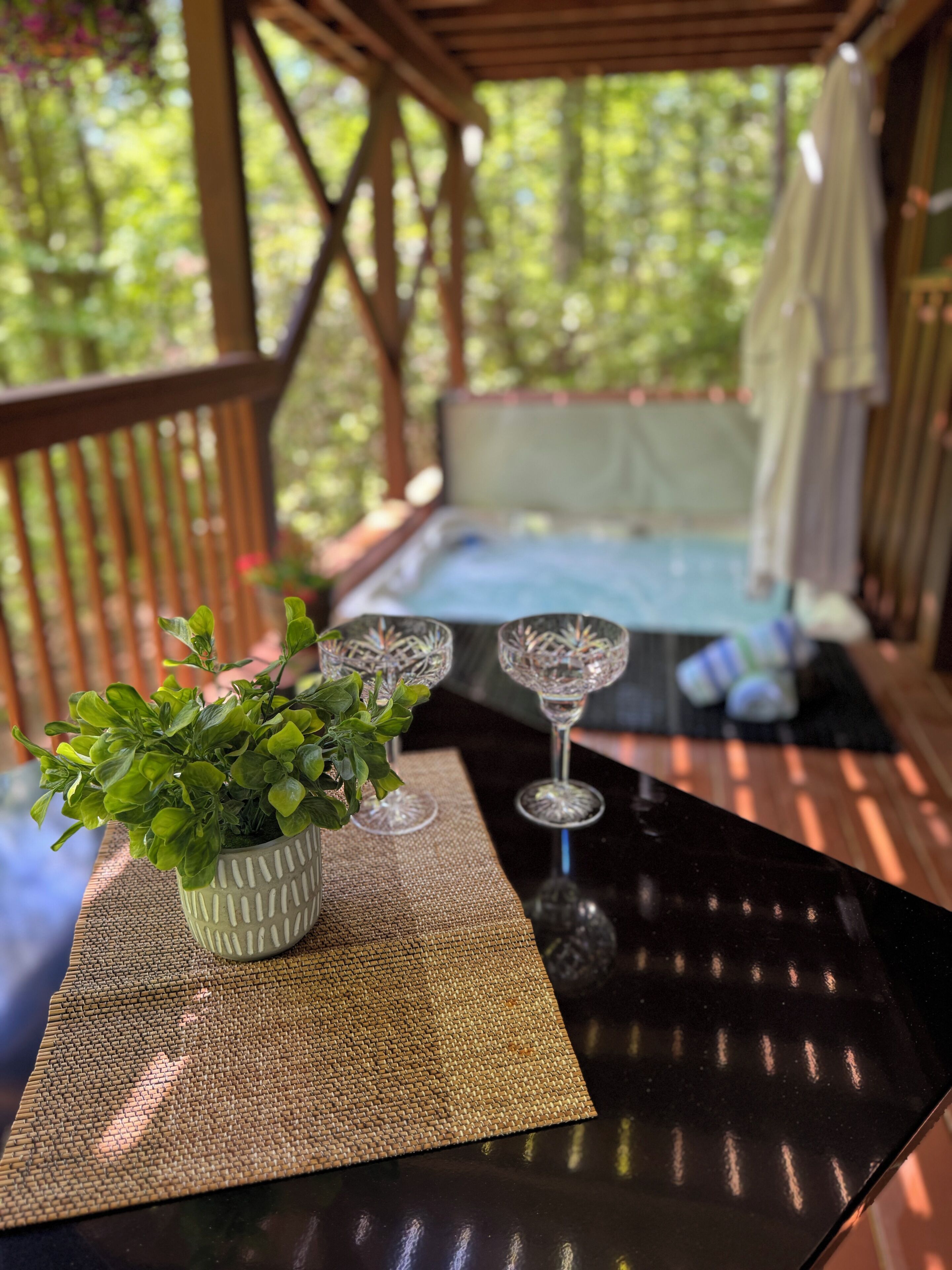 A covered outdoor seating area with a table, a potted plant, and two wine glasses.