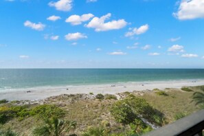 A beach view with a clear sky, calm sea, and sparse vegetation. - Breathtaking Sunset Views | Beach Front IRB Condo w/ Heated Pool & Hot Tub (Indian Rocks Beach)