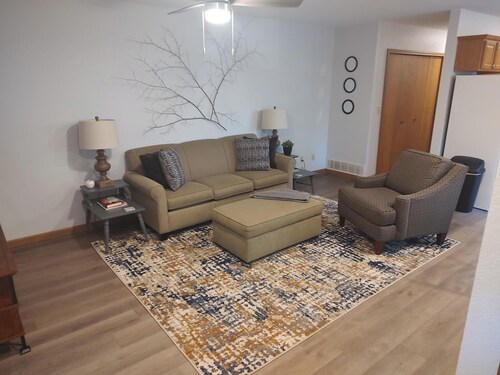 Two - bedroom apartment with deck and firepit.