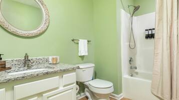 Hair dryer, bidet, towels, soap
