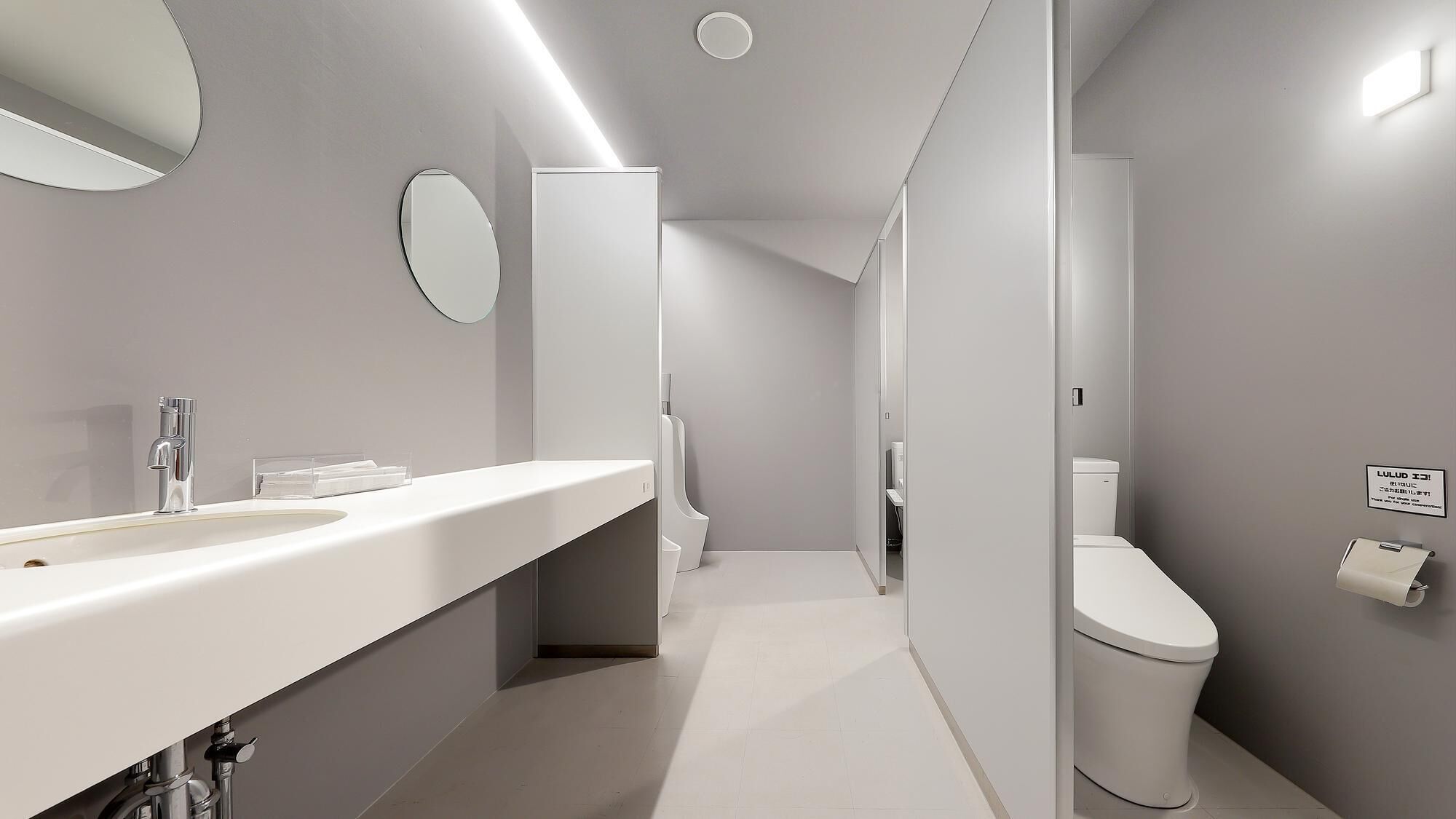 A modern bathroom with a white sink, mirror, and toilet.